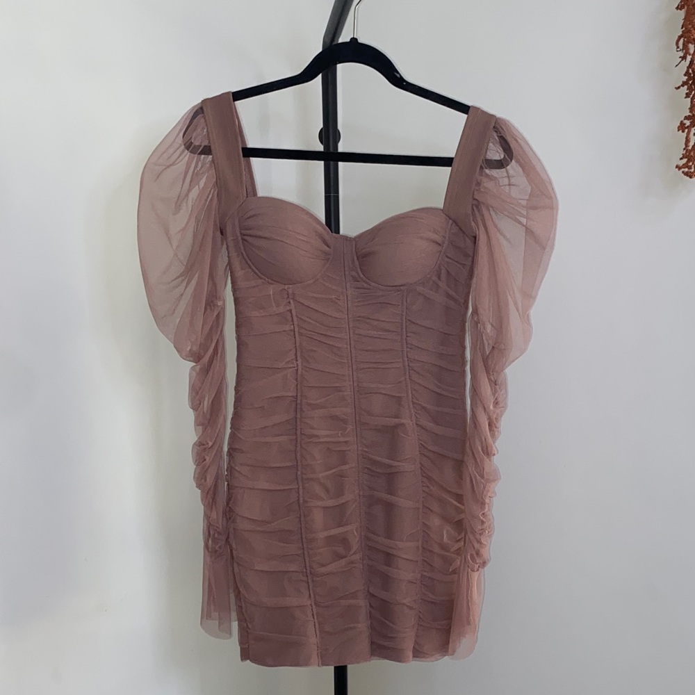 Haute Monde Dusty Pink Mini Dress with Sheer Sleeves